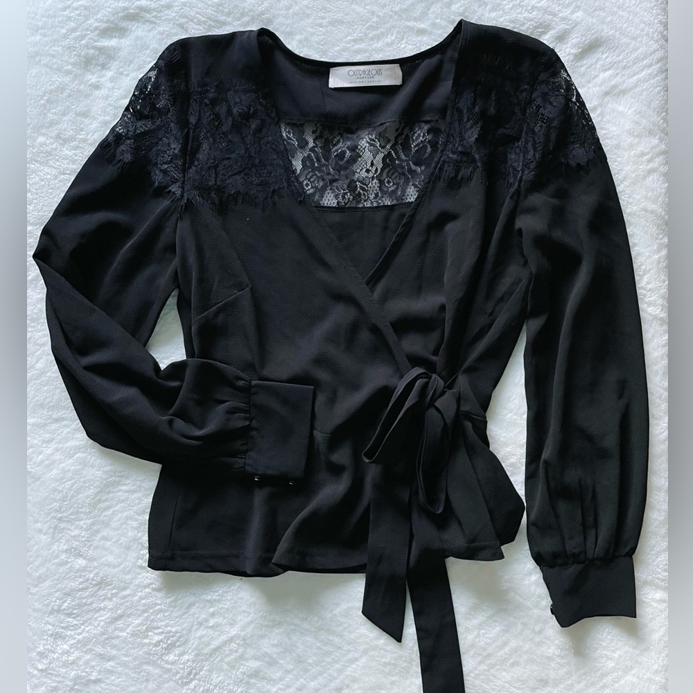 NWOT - Black long sleeve wrap lace blouse